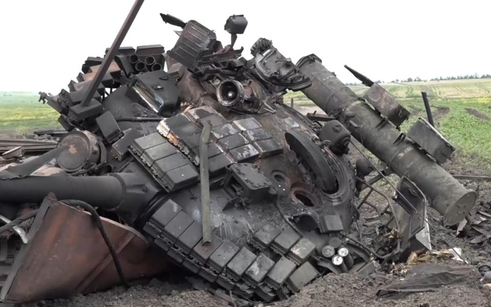 A destroyed Ukrainian tank near Vremivka, near the border of Donetsk and Zaporizhzhia regions in Ukraine in undated footage - @mod_russia/Newsflash/@mod_russia/Newsflash