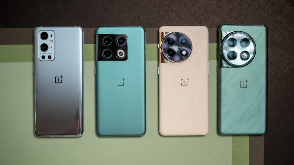 OnePlus 12 next to OnePlus 9, OnePlus 10, and OnePlus 11