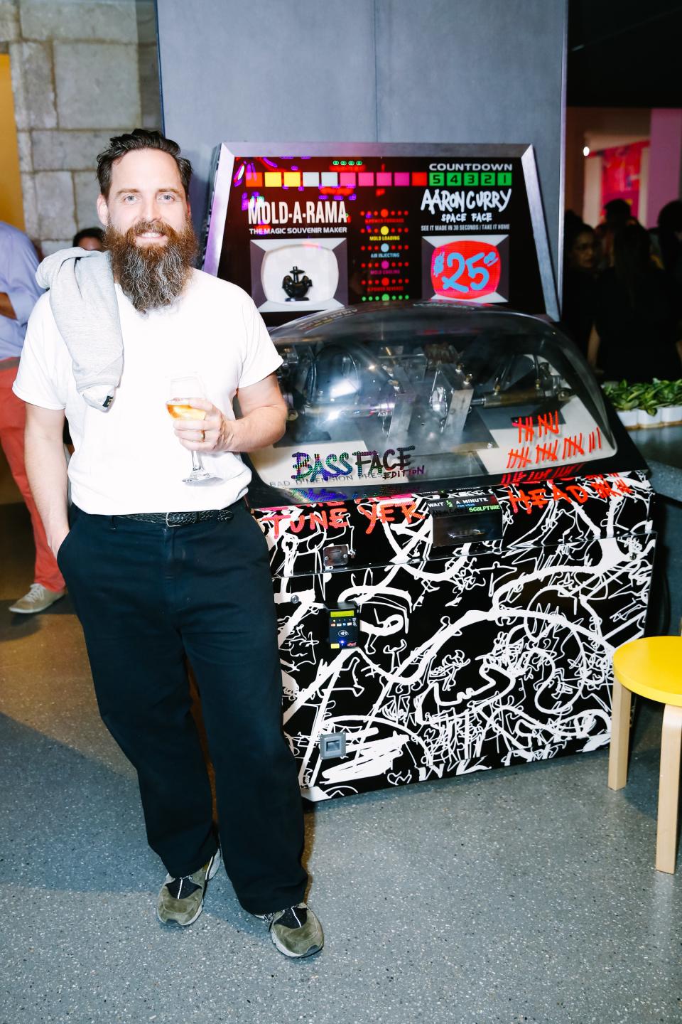 Artist Aaron Curry celebrating his exhibition <em>Tune Yer Head</em>, which opened October 13 at The Bass Museum of Art