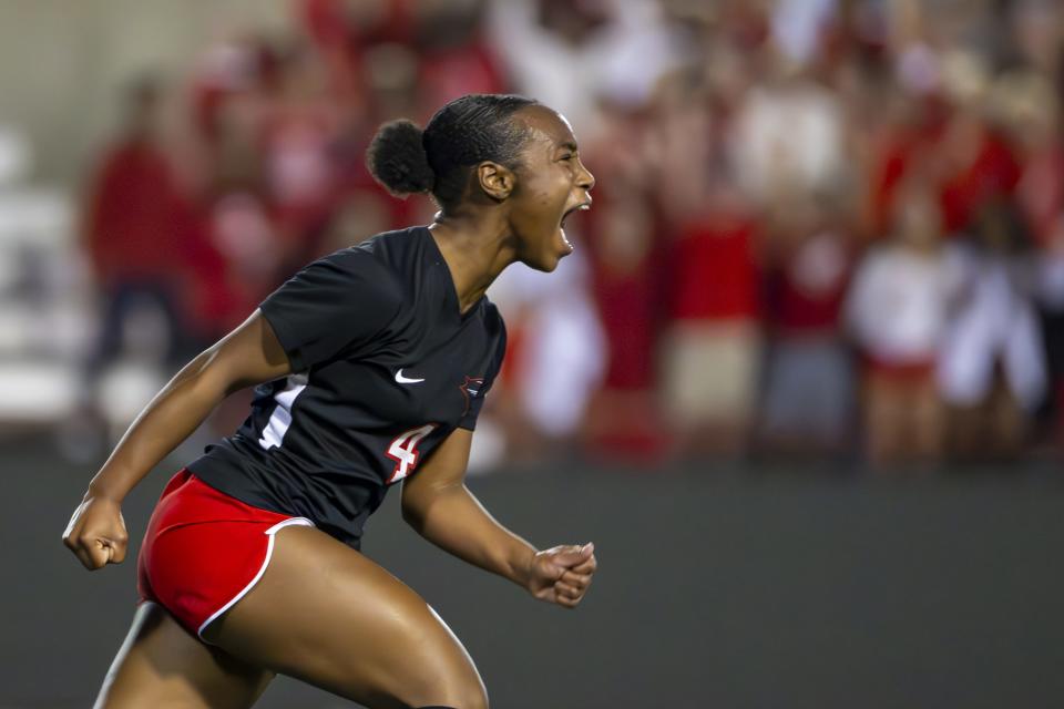Park Tudor High School senior Dejanae Butler (4) reacts after scoring during the first half of an IHSAA Class A State Championship game against Fort Wayne Canterbury High School, Friday, Oct. 27, 2023, at Michael Carroll Track & Soccer Stadium.