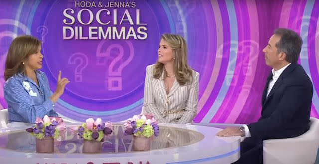 <p>YouTube/@HodaAndJenna</p> (L-R) Hoda Kotb, Jenna Bush Hager and Jerry Seinfeld on 'Today with Hoda and Jenna'