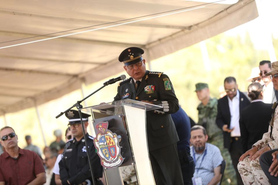 Mexican army three-star Gen. Eufemio Alberto Ibarra Flores speaks at a ceremony Tuesday launching the “Unidos por Juárez” (United for Juárez) crime-fighting strategy in Juárez, Mexico.