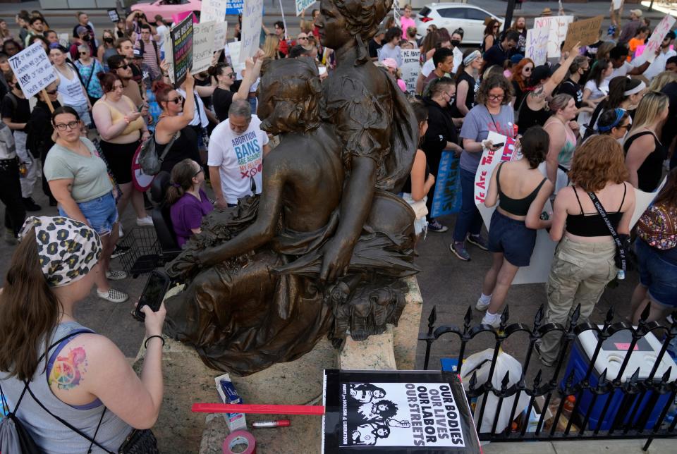 June 24, 2022; Columbus, Ohio, United States;  Hundreds of people rallied at the Ohio Statehouse and marched through downtown Columbus in support of abortion after the Supreme Court overturned Roe vs. Wade on Friday. Mandatory Credit: Barbara J. Perenic/Columbus Dispatch