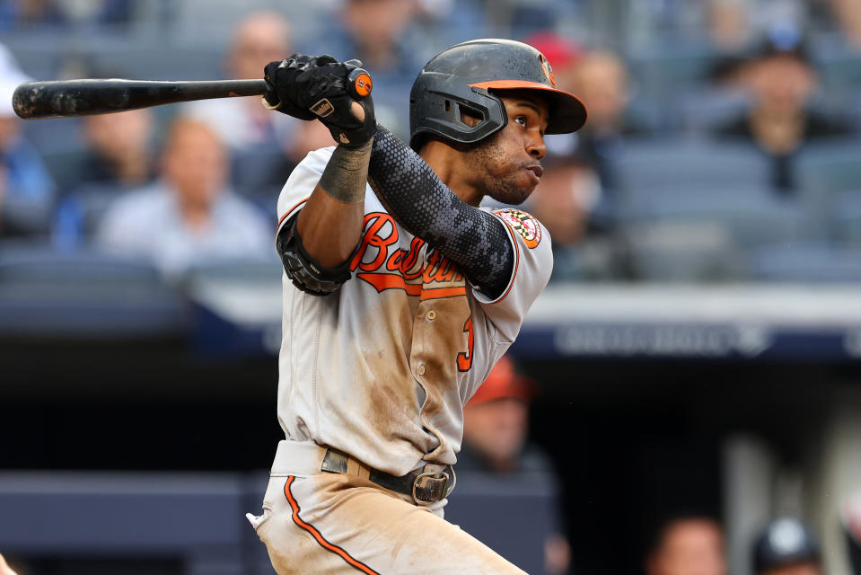 NEW YORK, NY - SEPTEMBER 05: Cedric Mullins #31 of the Baltimore Orioles hits a two-run home run against the New York Yankees during the sixth inning of a game at Yankee Stadium on September 5, 2021 in New York City. (Photo by Rich Schultz/Getty Images)