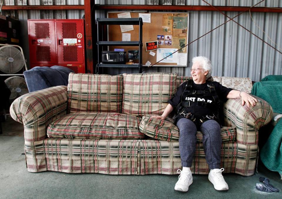 Lucille Lipsitz waits inside the hangar in Walterboro before getting on a plane to skydive for her 84th birthday in 2014.