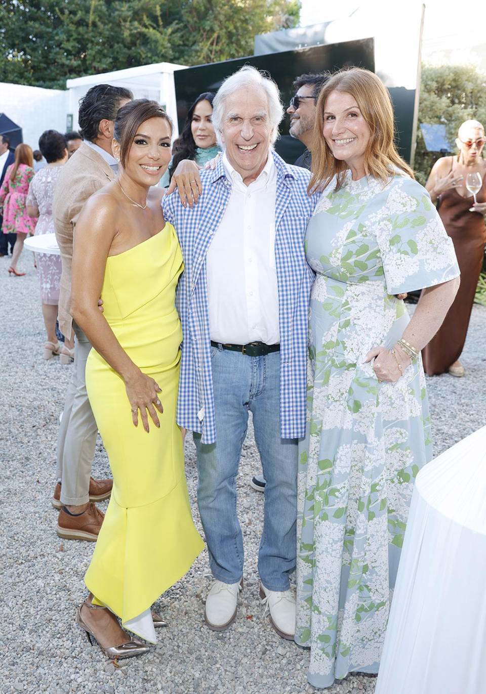 (L-R) Eva Longoria, Henry Winkler, and Zoe Winkler Reinis attend the TIAH 5th Anniversary Soiree at Private Residence on August 26, 2023 in Los Angeles, California.
