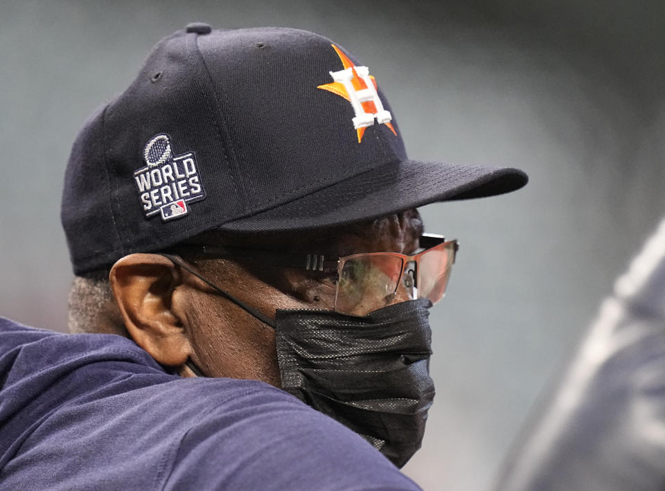 Houston Astros manager Dusty Baker Jr. watches during batting practice before Game 2 of baseball's World Series between the Houston Astros and the Atlanta Braves Wednesday, Oct. 27, 2021, in Houston. (AP Photo/Eric Gay)