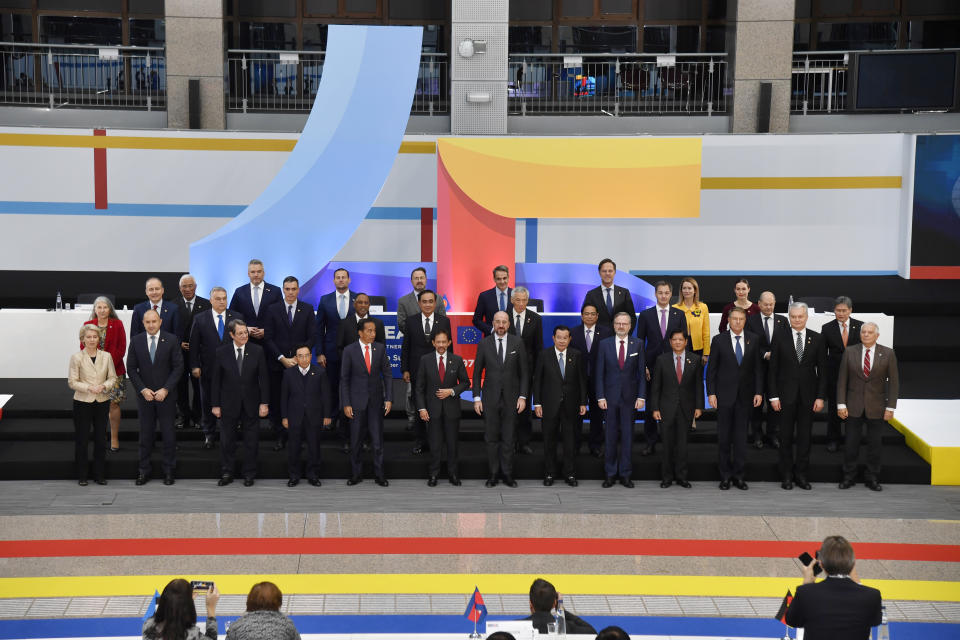 European Union heads of state and counterparts from the Association of Southeast Asian Nations pose for a group photo during an EU-ASEAN summit in Brussels, Wednesday, Dec. 14, 2022. EU and ASEAN leaders meet in Brussels for a one day summit to discuss the EU-ASEAN strategic partnership, trade relations and various international topics. (AP Photo/Geert Vanden Wijngaert)