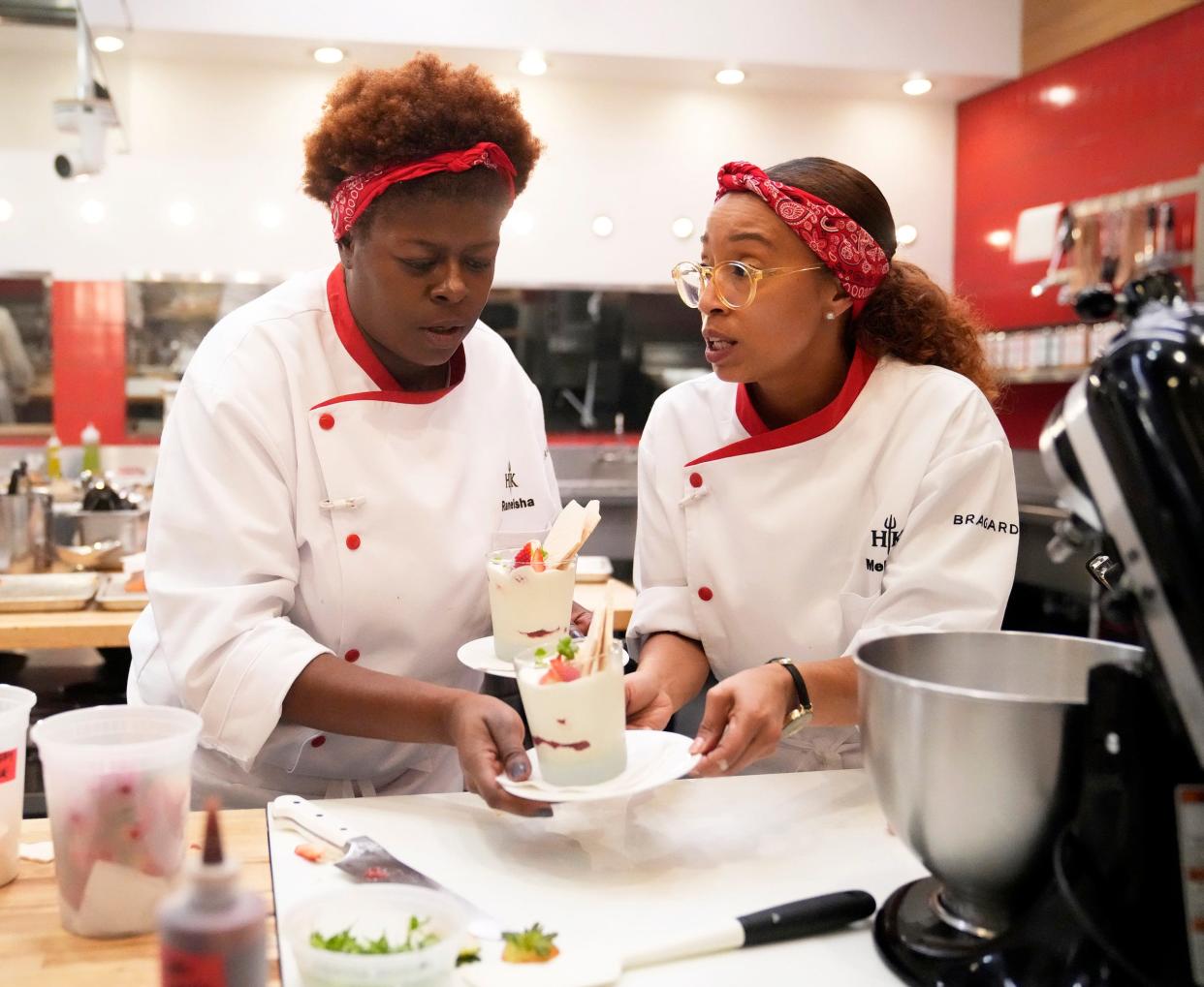 From left, "Hell's Kitchen" contestants Raneisha and Melissa in the “Tad Overwhelming” episode, which airs Thursday, Oct. 5, 2023, on FOX.