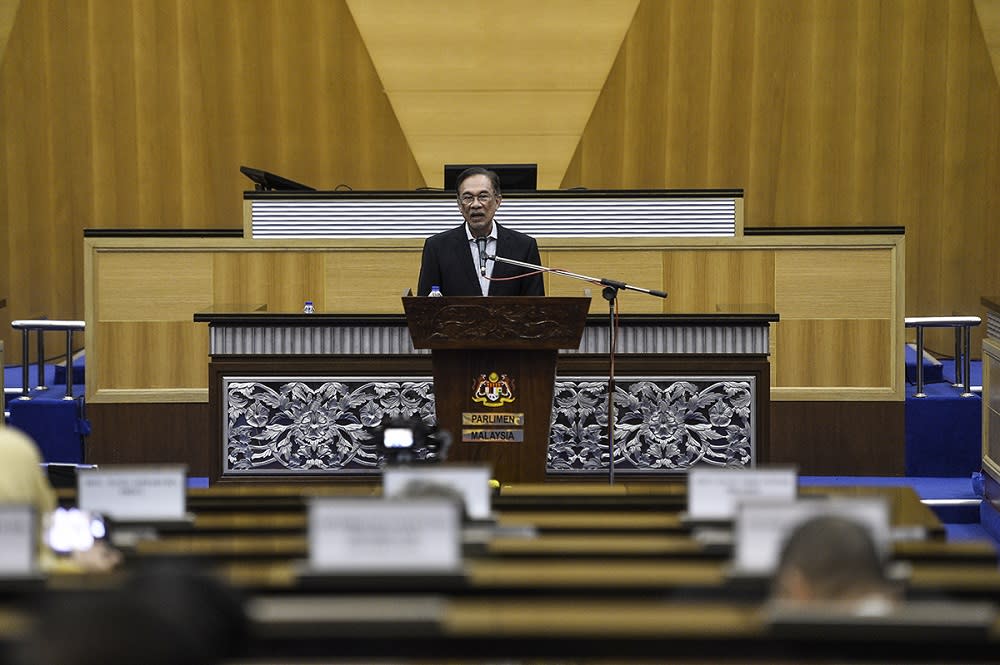 Parliamentary caucus on reform and governance chairman, Datuk Seri Anwar Ibrahim, speaks at the Parliament in Kuala Lumpur July 26, 2019. — Picture by Miera Zulyana