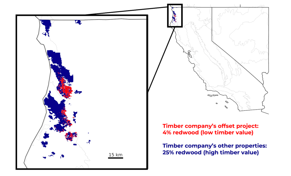 A color-coded satellite image shows how protected areas are carefully carved out, often allowing higher quality trees to remain in the areas being logged.