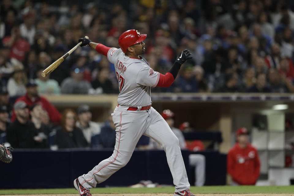 Cincinnati Reds' Matt Kemp bats during the seventh inning of a baseball game against the San Diego Padres Friday, April 19, 2019, in San Diego. (AP Photo/Gregory Bull)