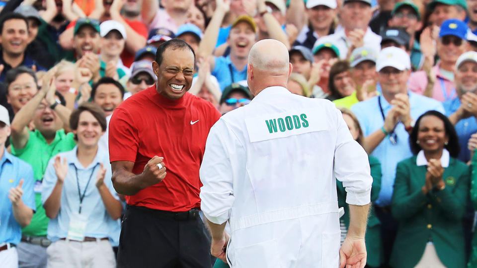 Woods’ win was met with wild celebrations. Pic: Getty