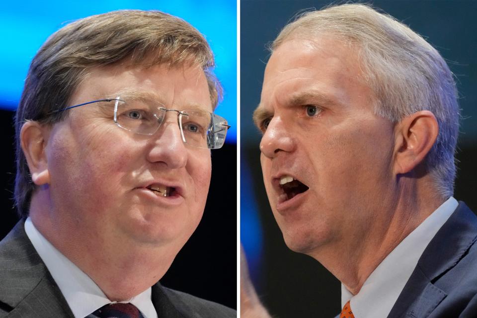 This combination of photos shows Mississippi Republican Gov. Tate Reeves, left, and Democratic challenger Brandon Presley speaking at the Mississippi Economic Council's Hobnob event on Oct. 26, 2023, in Jackson, Miss.