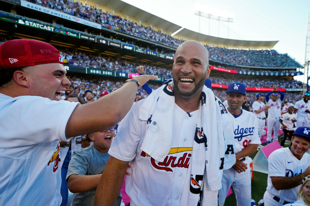 LOS ANGELES, CA - JULY 18:  Albert Pujols #5 of the St. Louis Cardinals reacts to advancing to the next round during the T-Mobile Home Run Derby at Dodger Stadium on Monday, July 18, 2022 in Los Angeles, California. (Photo by Daniel Shirey/MLB Photos via Getty Images)