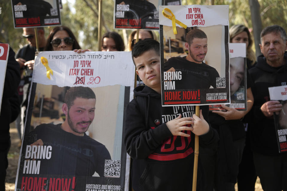 Families of hostages held by Hamas in the Gaza Strip gather in Re'im, southern Israel, as they begin their march to Jerusalem calling for the release of hostages, Wednesday, Feb. 28, 2024. They began the four-day march at the site where hundreds of revelers at the Nova music festival were killed or captured by Hamas on Oct. 7, 2023. (AP Photo/Tsafrir Abayov)