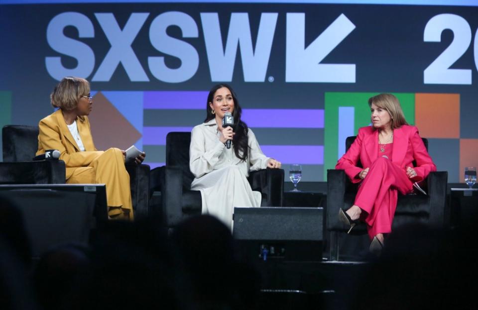 (Left to right) Markle, Katie Couric, and The 19th News’ Errin Haines take part in the keynote “Breaking Barrier, Shaping Narratives: How Women Lead On and Off the Screen” at SXSW. Jack Plunkett/Invision/AP