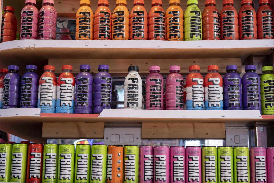 Various flavours of the energy drink Prime for sale in a shop window on 30th March 2023 in London, United Kingdom. Prime is a range of sports drinks, drink mixes, and energy drinks created and marketed by Prime Hydration, LLC. The brand is promoted and partially owned by YouTube stars Logan Paul and KSI. (photo by Mike Kemp/In Pictures via Getty Images)