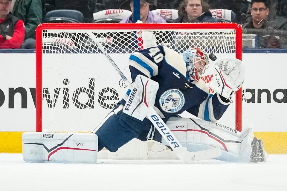 Apr 4, 2024; Columbus, Ohio, USA; Columbus Blue Jackets goaltender Daniil Tarasov (40) gives up a goal to New York Islanders center Bo Horvat (14) during the first period of the NHL hockey game at Nationwide Arena.