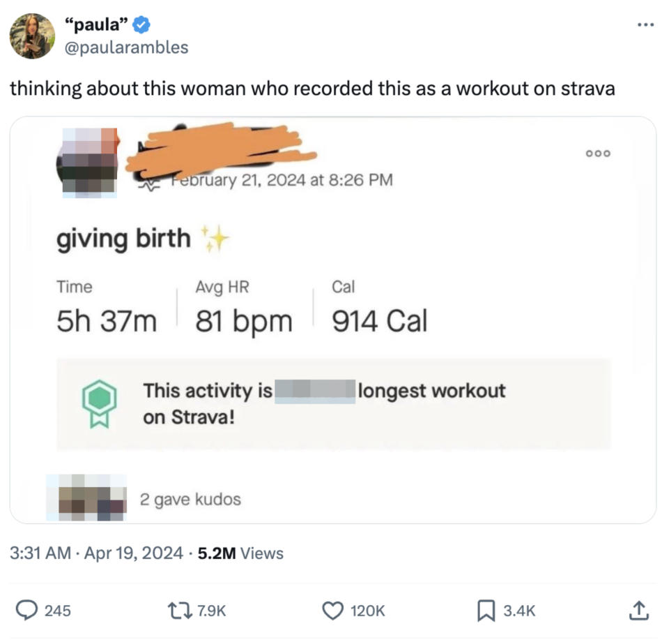 Screenshot of a tweet joking about a Strava workout during childbirth labeled "giving birth," with 5h 37m duration, 81 bpm, 914 Cal burned
