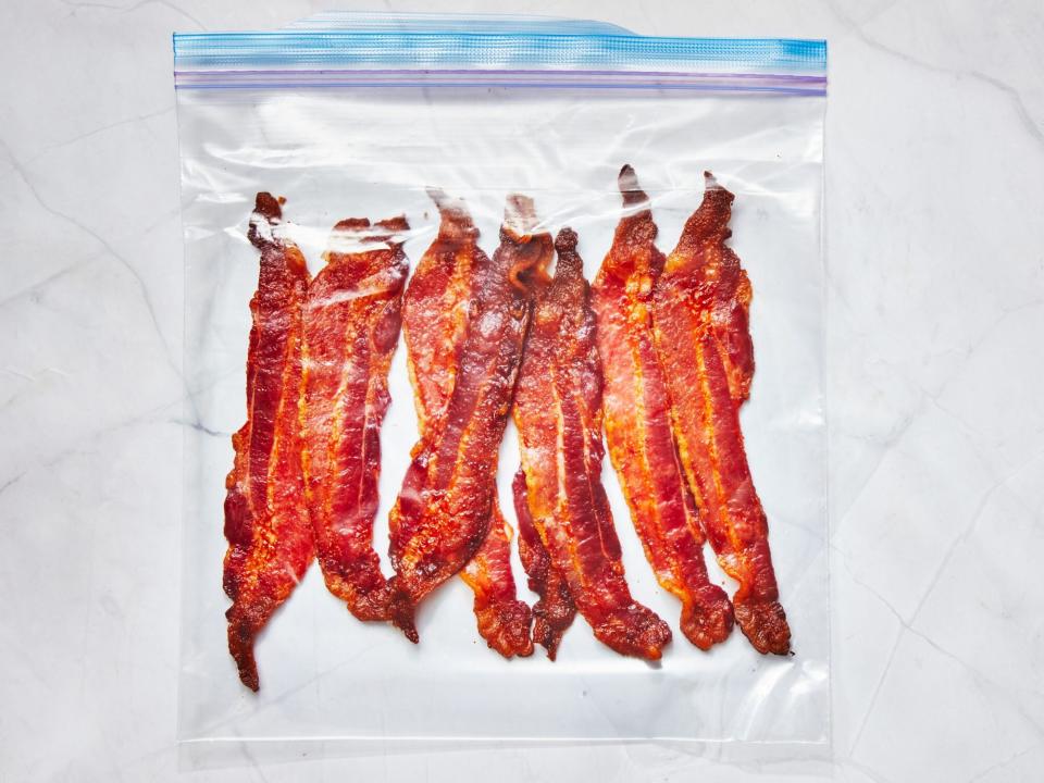 slices of cooked bacon in a zip-top bag