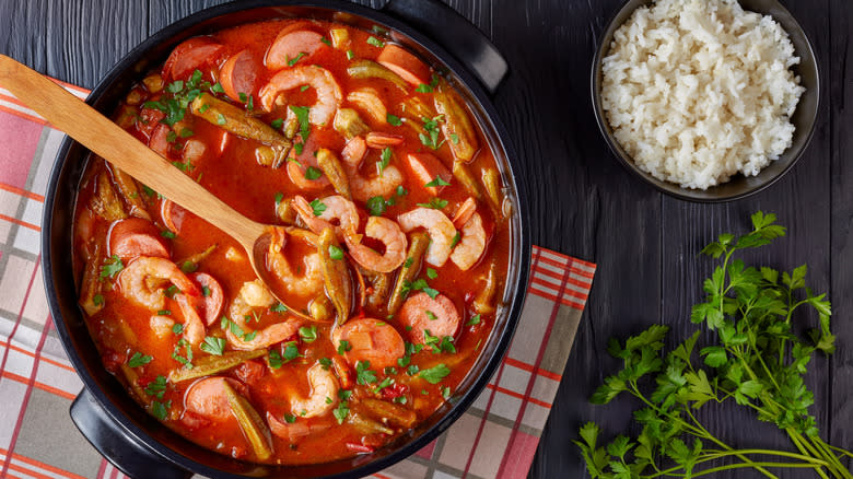 pot of shrimp okra sausage gumbo