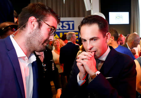 Tom Van Grieken, President of the far-right Flemish separatist party Vlaams Belang reacts after the Belgian general and regional elections and European Parliament elections in Londerzeel, Belgium, May 26, 2019. REUTERS/Francois Lenoir