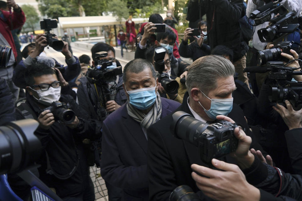 Hong Kong pro-democracy activist and media tycoon Jimmy Lai, arrives the Court of Final Appeal in Hong Kong, Thursday, Dec. 31, 2020. Hong Kong government prosecutors appeal against the bail granted to Lai. (AP Photo/Kin Cheung)