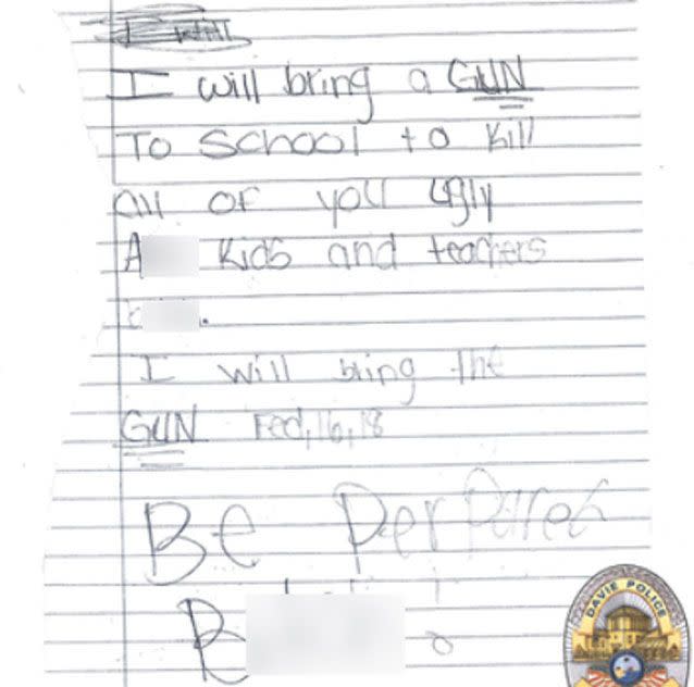 Police said an 11-year-old wrote this note and left it under a teacher's door. Source: Davie Police Department