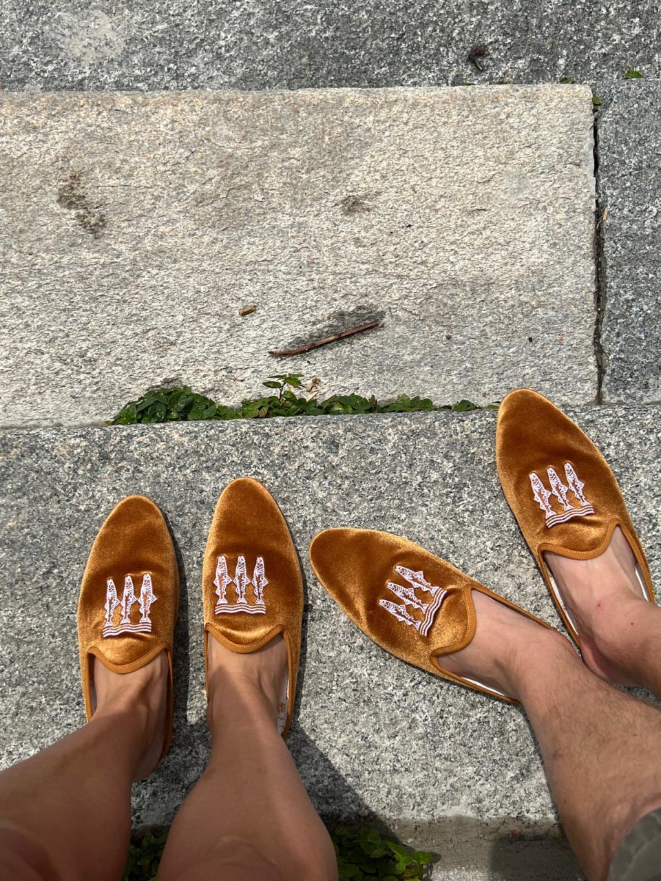 Jules Perowne and her husband in their Passalacqua slippers (Perowne)