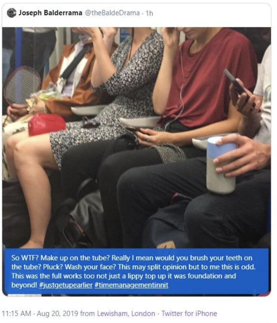 Joseph Balderrama tweeted a post of a woman applying her make on a London train. He was later forced to delete it.