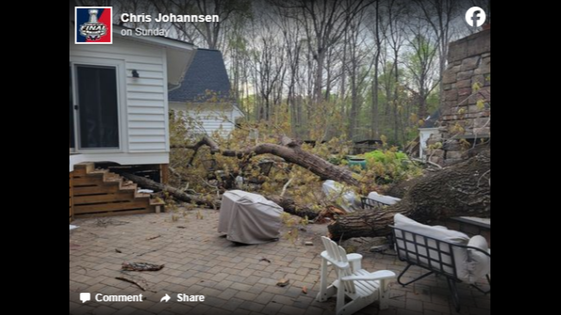 Aftermath photos show the full weight of the tree landed across chairs where the men had been sitting, busted siding on the back of the home, and crushed one side of the fire pit.