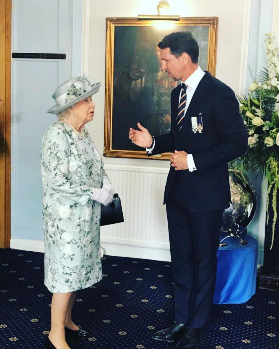 Pavlos, Crown Prince of Greece with Britain's Queen Elizabeth II, his third cousin, once removed. Photo: Instagram/pavlosgreece.