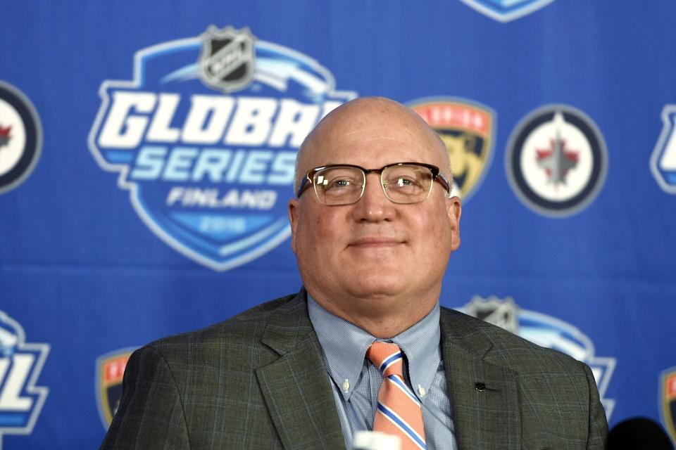 FILE - In this Nov. 1, 2018, file photo, National Hockey League Deputy Commissioner Bill Daly speaks to the media prior to the ice hockey NHL Global Series match between the Florida Panthers and the Winnipeg Jets in Helsinki, Finland. The NHL remains reluctant to reverse course and compete at the 2022 Winter Games in Beijing despite new assurances from Olympic officials to lift various major stumbling blocks, which also have the backing of the league’s players. (Martti Kainulainen/Lehtikuva via AP, File)