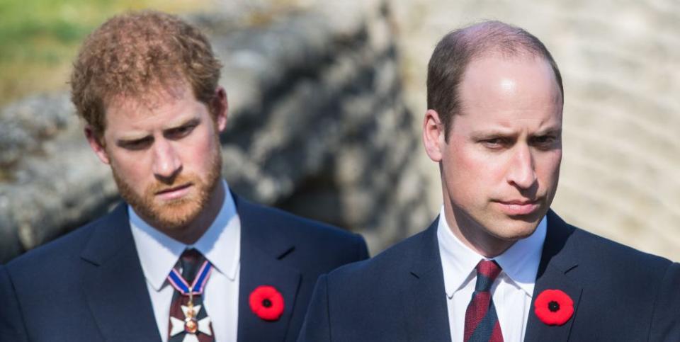 lille, france april 09 prince william, duke of cambridge and prince harry walk through a trench during the commemorations for the 100th anniversary of the battle of vimy ridge on april 9, 2017 in lille, france photo by samir husseinwireimage