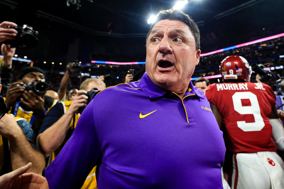 LSU's Ed Orgeron looks on following the Chick-fil-A Peach Bowl against the Oklahoma Sooners on Dec. 28, 2019. (Carmen Mandato/Getty Images)