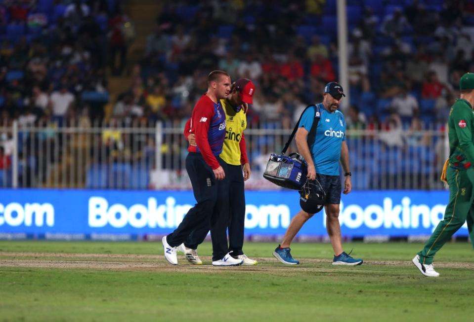 Jason Roy, left, had to be helped off the field on Saturday (Aijaz Rahi/AP/PA) (AP)