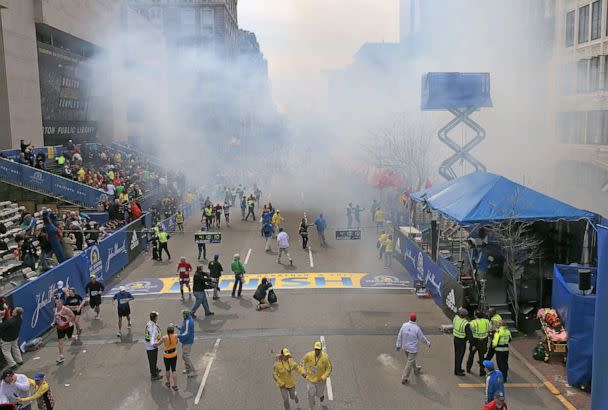PHOTO: Two explosions went off near the finish line of the 117th Boston Marathon, April 15, 2013. (David L. Ryan/The Boston Globe via Getty Images)