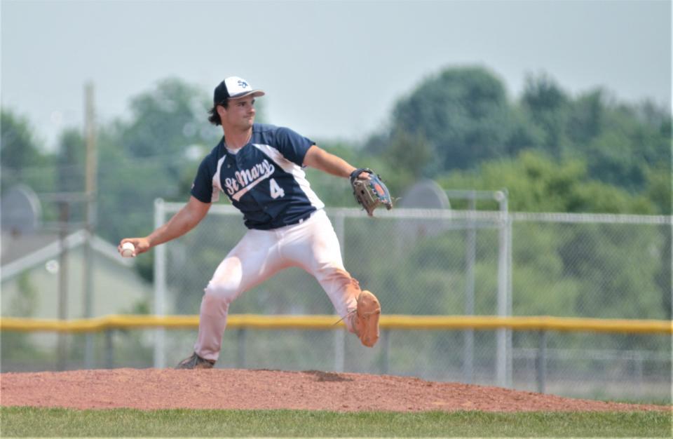 Dillon Croff pitches during an MHSAA Division 4 district final between Gaylord St. Mary and Johannesburg-Lewiston on Saturday, June 3 in Gaylord, Mich.