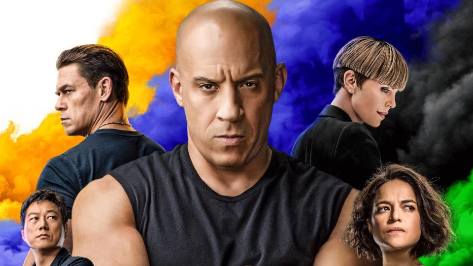 (L to R) Sung Kang as Han, John Cena as Jakob, Vin Diesel as Dom, Charlize Theron as Cipher and Michelle Rodriguez as Letty in the F9 movie poster