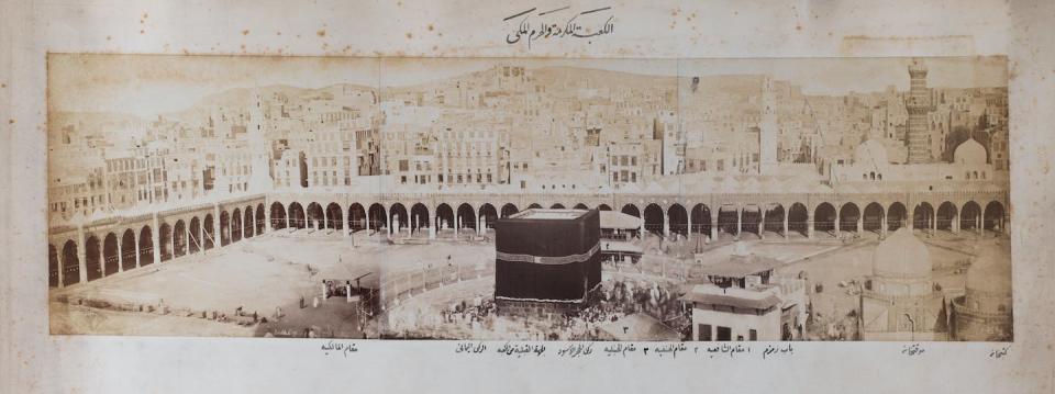 ‘The honoured Ka‘bah and the Meccan sanctuary,’ 1880 photography by Sadiq Bey. <a href="https://en.wikipedia.org/wiki/File:Khalili_Collection_Hajj_and_Arts_of_Pilgrimage_Arc.pp-0254.2.jpg" rel="nofollow noopener" target="_blank" data-ylk="slk:Khalili Collections via Wikimedia Commons;elm:context_link;itc:0;sec:content-canvas" class="link ">Khalili Collections via Wikimedia Commons</a>, <a href="http://creativecommons.org/licenses/by-sa/4.0/" rel="nofollow noopener" target="_blank" data-ylk="slk:CC BY-SA;elm:context_link;itc:0;sec:content-canvas" class="link ">CC BY-SA</a>