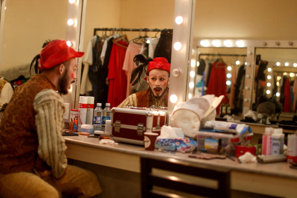 Marvin Pleitez aka Lady Drag prepares to participate in a presentation of Moliere's play 