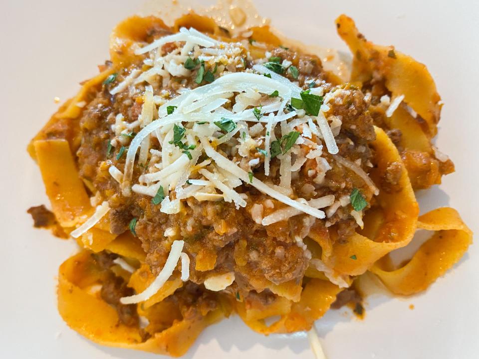 An aerial view of a pappardelle pasta dish