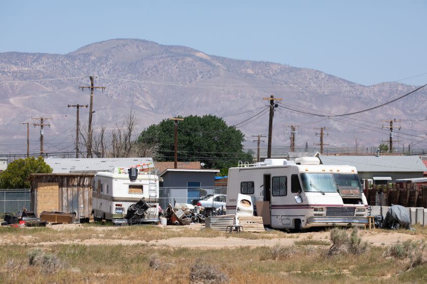 MOJAVE, CA - MAY 01: Four people were shot to death in a mobile home on this property on H Street in Mojave late Sunday night. Photographed on Monday, May 1, 2023 in Mojave, CA. (Myung J. Chun / Los Angeles Times)