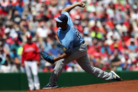 Mar 25, 2019; Clearwater, FL, USA; Tampa Bay Rays starting pitcher Wilmer Font (62) throws against the Philadelphia Phillies in the first inning at Spectrum Field. Mandatory Credit: Aaron Doster-USA TODAY Sports