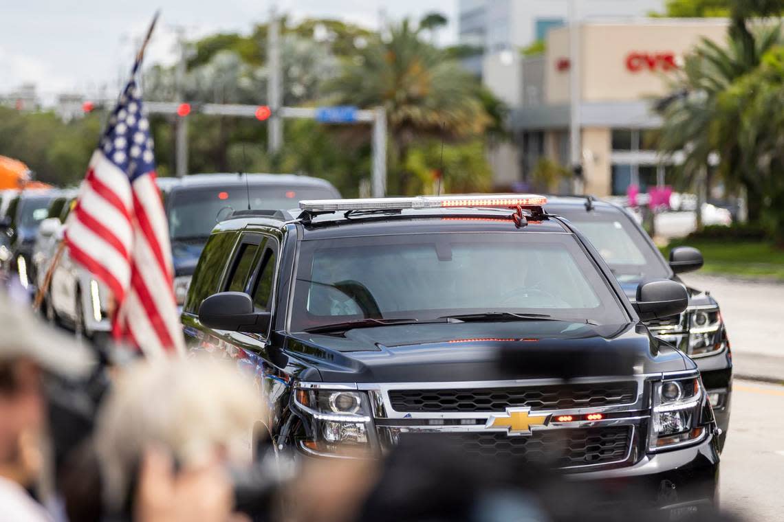 Former President Donald Trump and his motorcade make their way to Trump National Doral on Monday, June 12, 2023, in Doral, Fla. Supporters of former President Donald Trump gathered outside his hotel one day before his expected arraignment in Miami federal court Tuesday. MATIAS J. OCNER/mocner@miamiherald.com