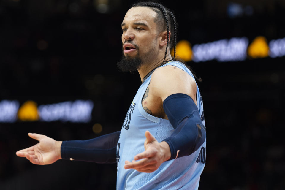 Memphis Grizzlies forward Dillon Brooks reacts after a non-foul call during the first half of an NBA basketball game against the Atlanta Hawks, Sunday, March 26, 2023, in Atlanta. (AP Photo/Hakim Wright Sr.)