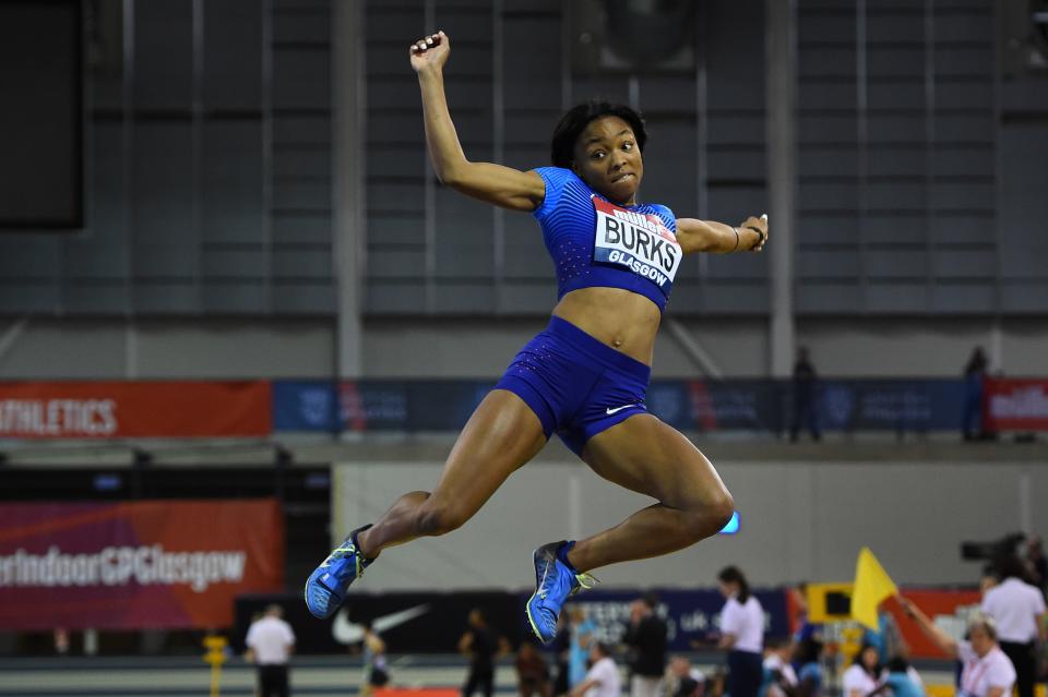 USA's Quanesha Burks competes in the women's long jump at the Glasgow Indoor Grand Prix athletics competition at the Emirates Arena in Glasgow on February 25, 2018.  / Credit: ANDY BUCHANAN/AFP via Getty Images