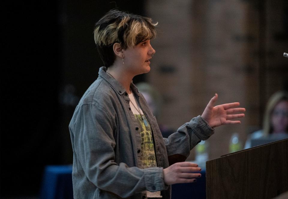 Jace McCarthy, then an Oxford High School student, speaks during an Oxford Board of Education special meeting at Oxford Middle School in Oxford on May 17, 2022.