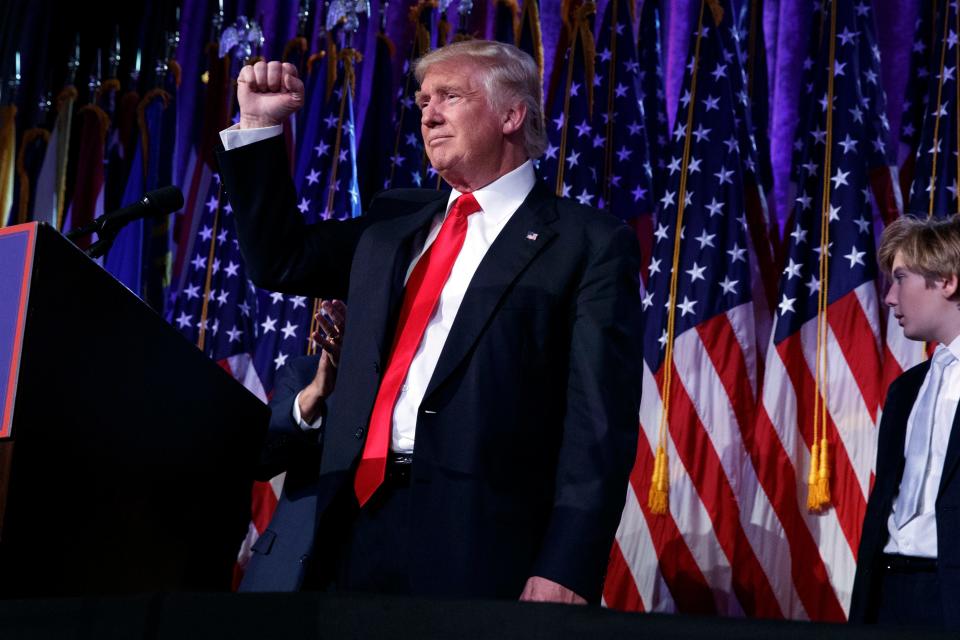 President-elect Donald Trump pumps his fist during an election night rally on Nov. 9, 2016, in New York.